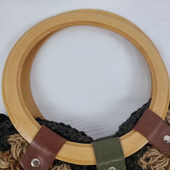 Jute Floral Crochet Handbag Purse Tote Boho Flowers Patchwork Wood Handle Bag - Picture 6 of 14